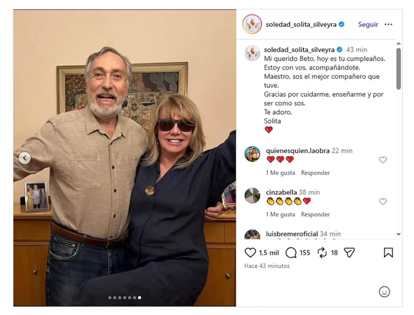 Soledad Silveyra y Luis Brandoni sonríen abrazados en una publicación de redes sociales para celebrar un cumpleaños.