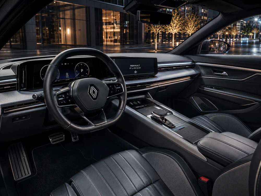 Interior y tablero digital de un auto con volante deportivo y tapizado de cuero oscuro.