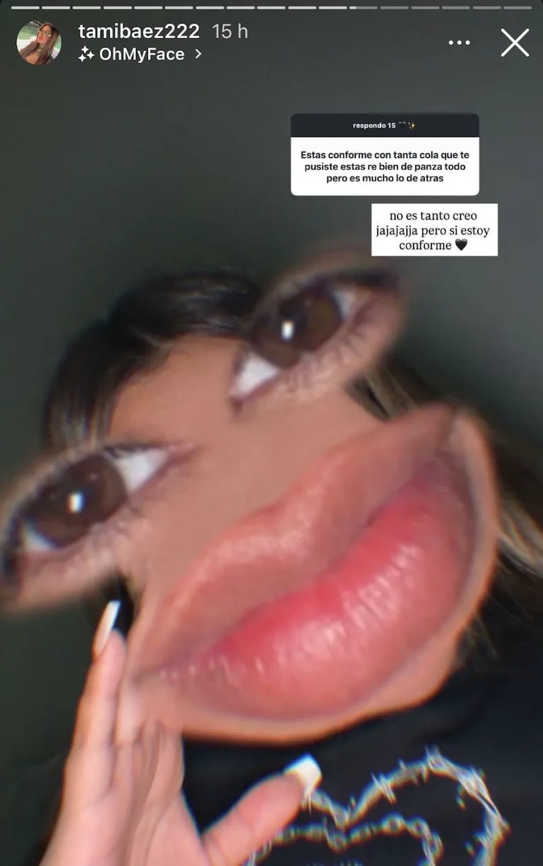 Captura de pantalla de una historia de Instagram de tamibaez222 con un filtro que deforma su cara agrandando ojos y boca.
