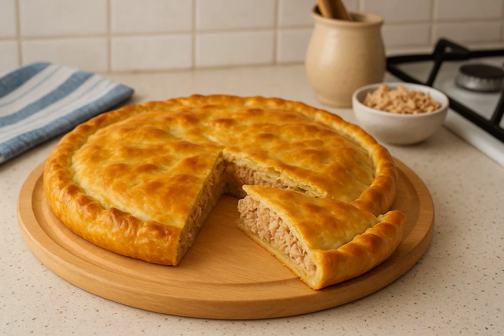 Tarta salada rellena sobre una tabla redonda de madera con una porción cortada.