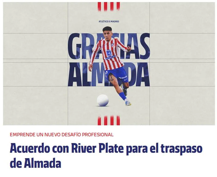Thiago Almada aparece pateando una pelota en un anuncio gráfico sobre un acuerdo de traspaso con River Plate.