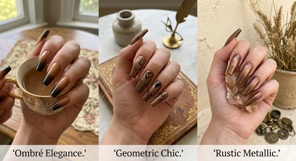 Tres manos de mujer muestran distintos diseños de uñas postizas en tonos marrones y dorados.