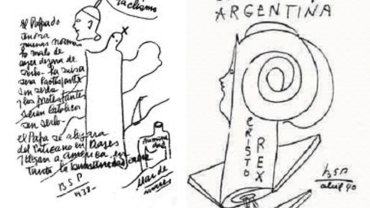 Dos ilustraciones en tinta con inscripciones manuscritas sobre figuras religiosas.