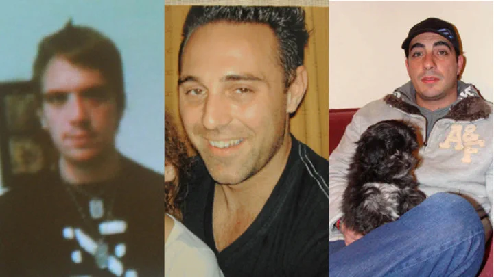 Tres fotos en fila muestran a tres hombres diferentes, uno de ellos sosteniendo un perro cachorro negro.