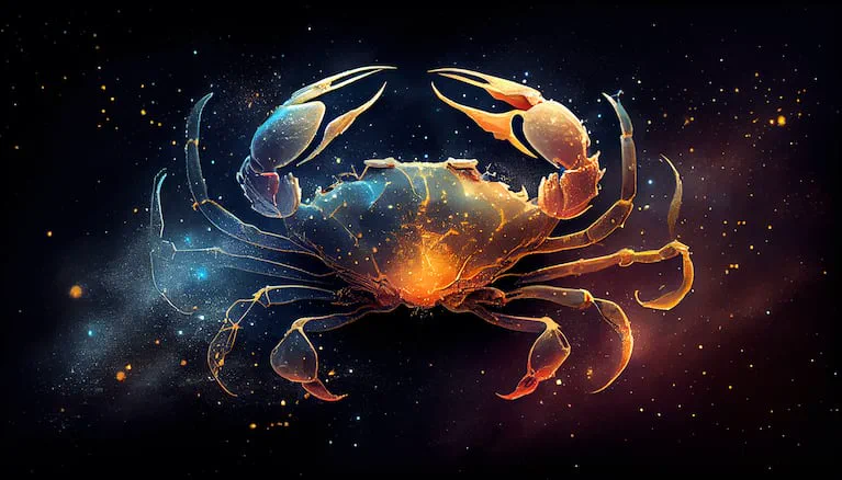 Un cangrejo con partes translúcidas y brillantes sobre un fondo negro con destellos y estrellas.
