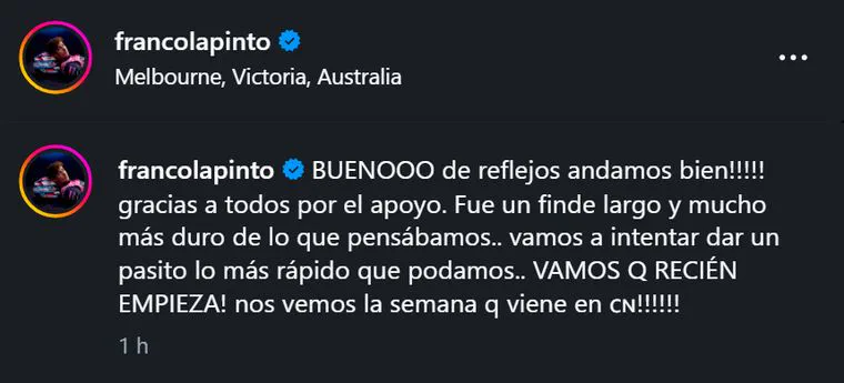 Una captura de pantalla de un posteo y comentario en Instagram de la cuenta verificada de Franco Colapinto.
