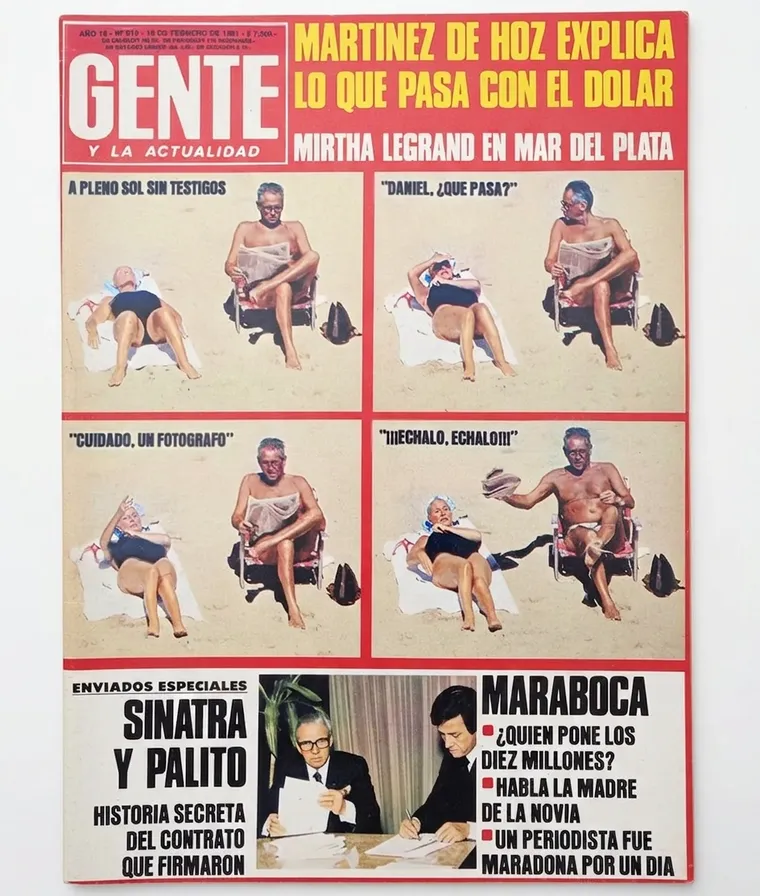 Tapa antigua de la revista Gente con secuencias fotograficas en la playa y titulares de actualidad.