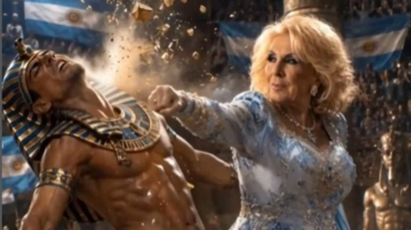Una mujer rubia con vestido celeste le pega una piña a un hombre caracterizado como faraón egipcio ante banderas argentinas.