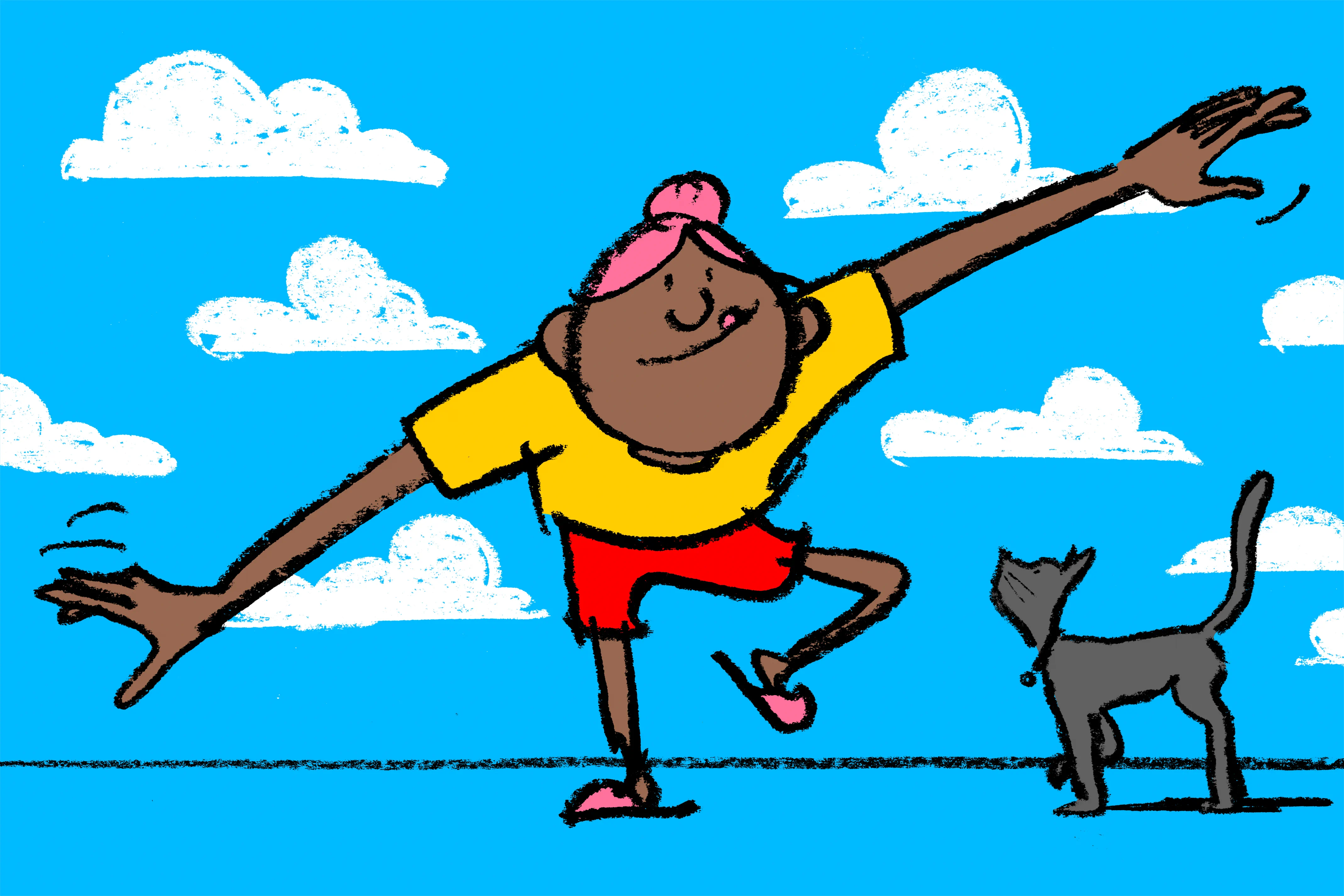 Dibujo de una persona de remera amarilla haciendo equilibrio sobre un pie junto a un gato negro bajo el cielo con nubes.
