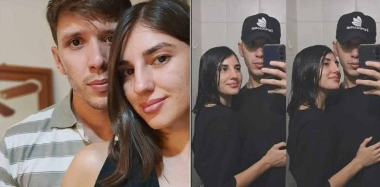Un hombre y una mujer joven posan juntos en dos tomas, una en primer plano y otra frente a un espejo con celular.