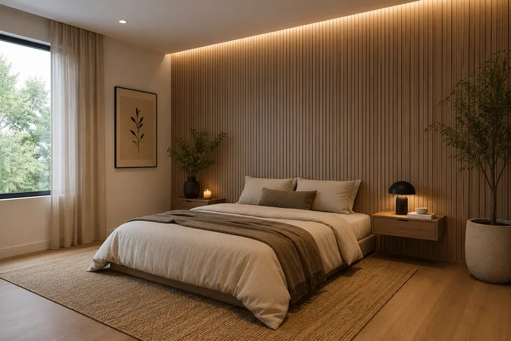Dormitorio moderno con cama matrimonial, pared revestida con varillas de madera y dos mesas de luz iluminadas.