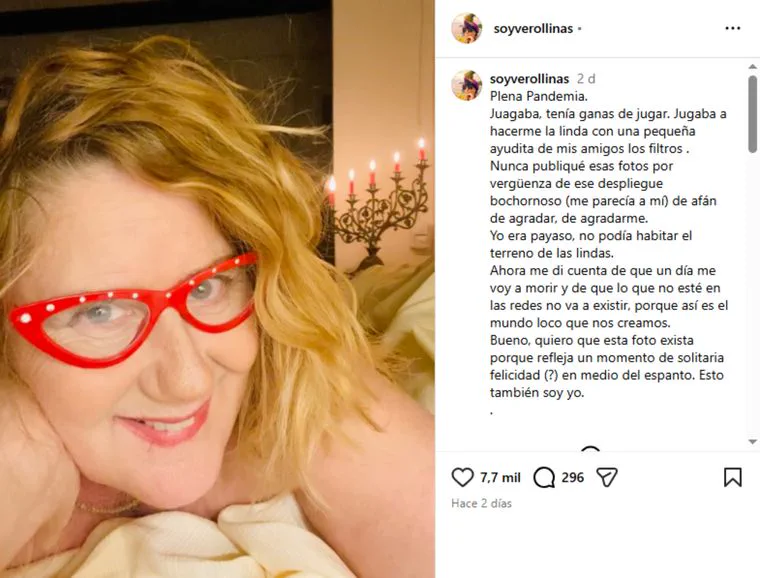 La actriz Verónica Llinás con anteojos rojos y detalles blancos sonríe en una captura de publicación de Instagram.
