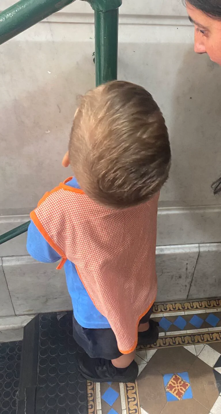 Un nene visto desde arriba con pechera naranja a cuadros parado en una escalera junto a una baranda.