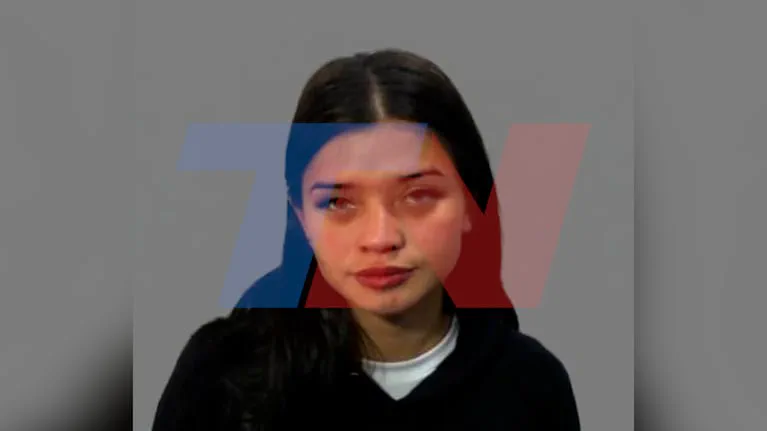 Retrato de una mujer joven de pelo oscuro sobre un fondo gris con el logo del canal TN translucido.