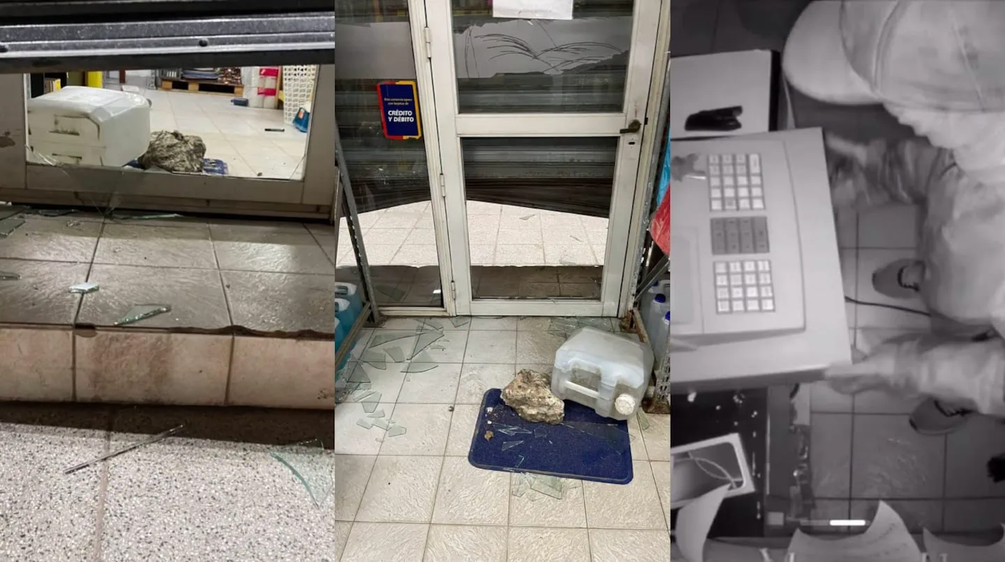 Un collage de tres tomas muestra los vidrios rotos de un local comercial y a una persona robando una caja registradora.