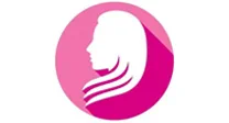 Ilustración blanca del perfil de una mujer con pelo largo dentro de un círculo rosa fucsia.