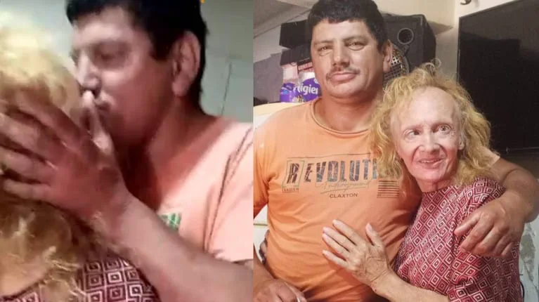 Composición que muestra a un hombre besando y abrazando a una mujer rubia en dos tomas distintas.