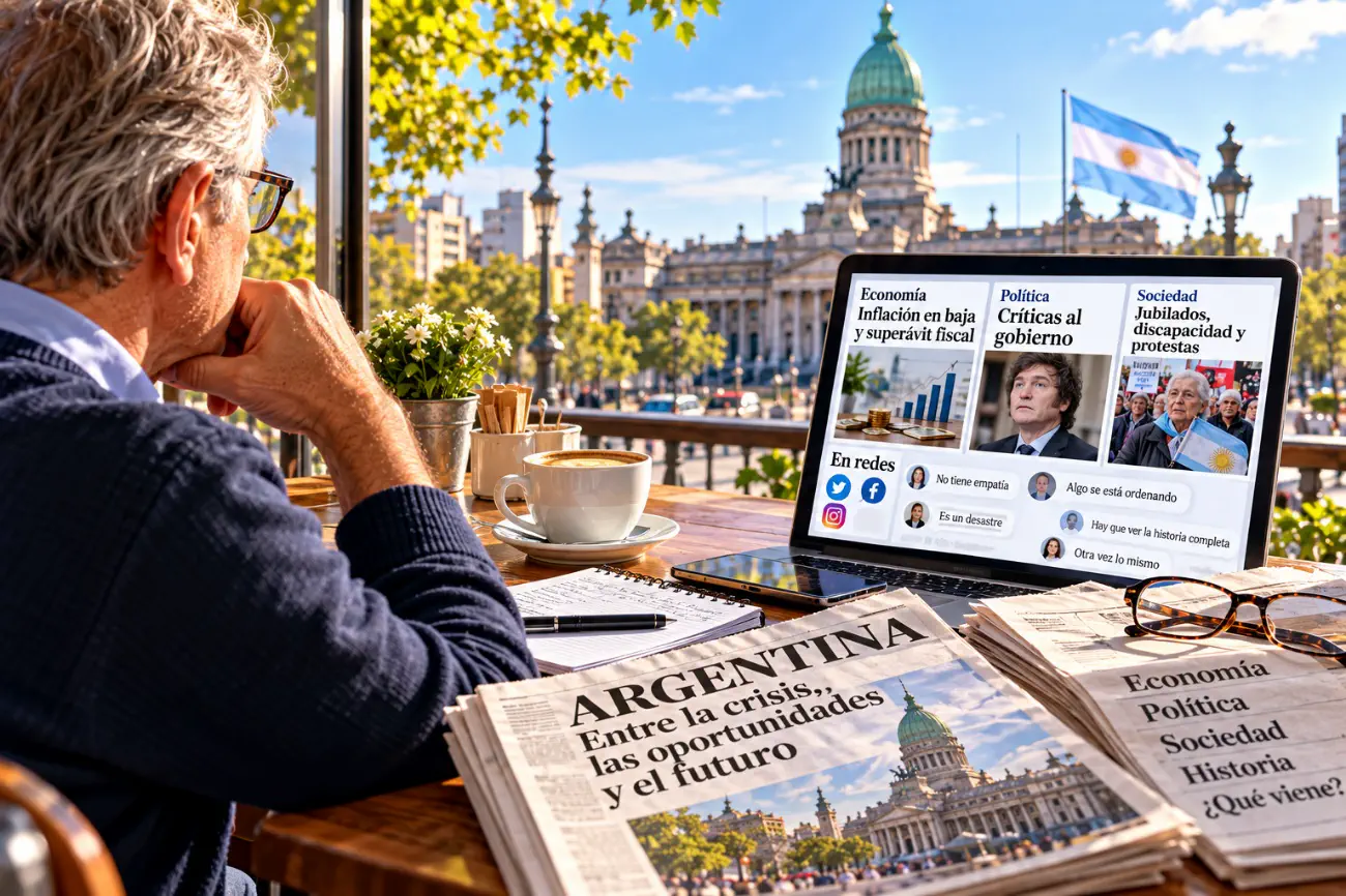 hombre mirando al congreso de la Nacíon Argentina mientras está sentado leyendo las noticias