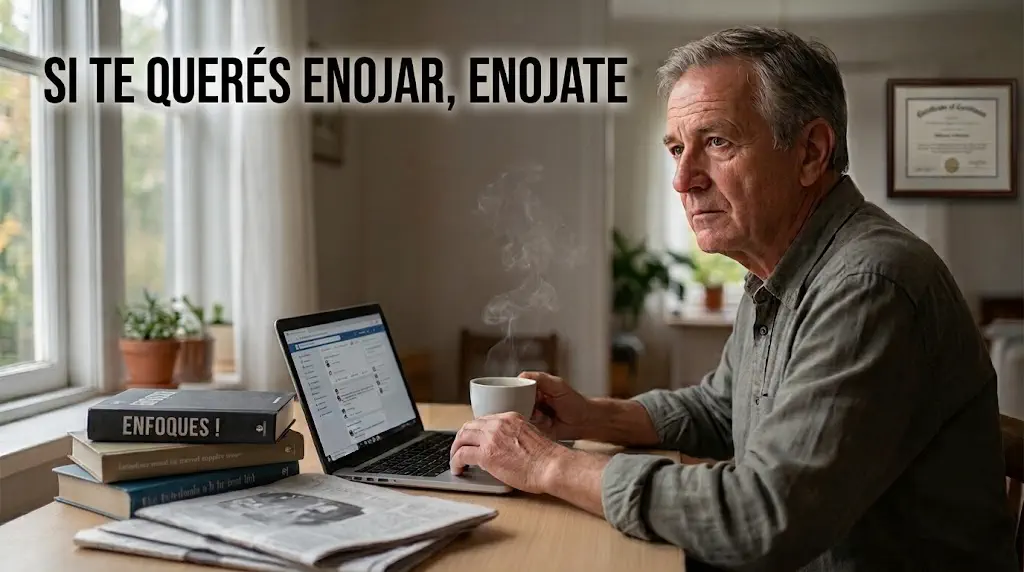 Un hombre mayor escribiendo en la computadora junto a un café mientras arriba emerge el texto "Si te querés enojar, enojate"