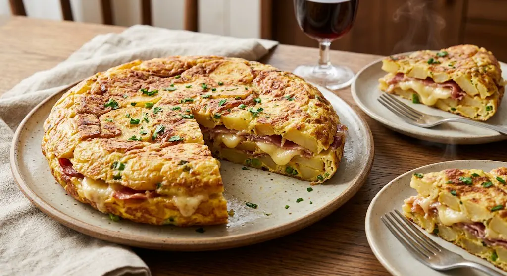 La tortilla de papas rellena con jamón y queso