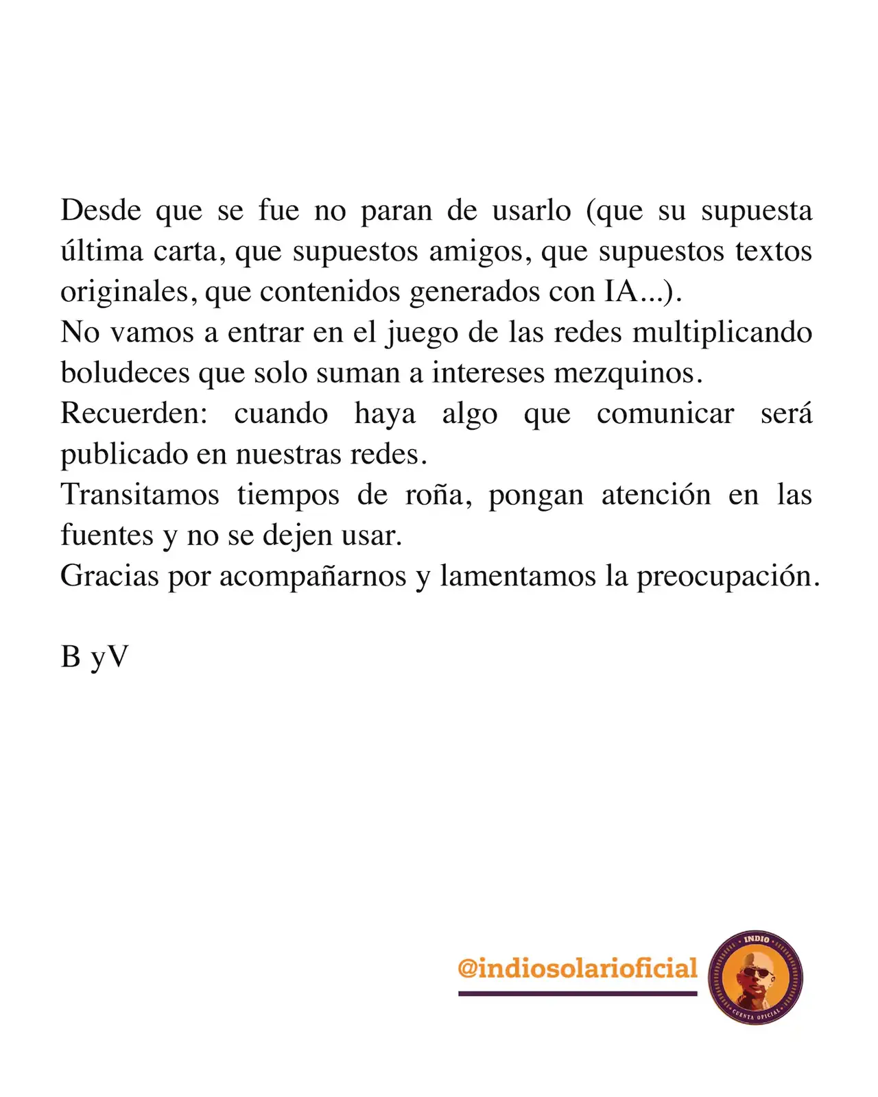 COMUNICADO DE LA FAMILIA DEL INDIO SOLARI