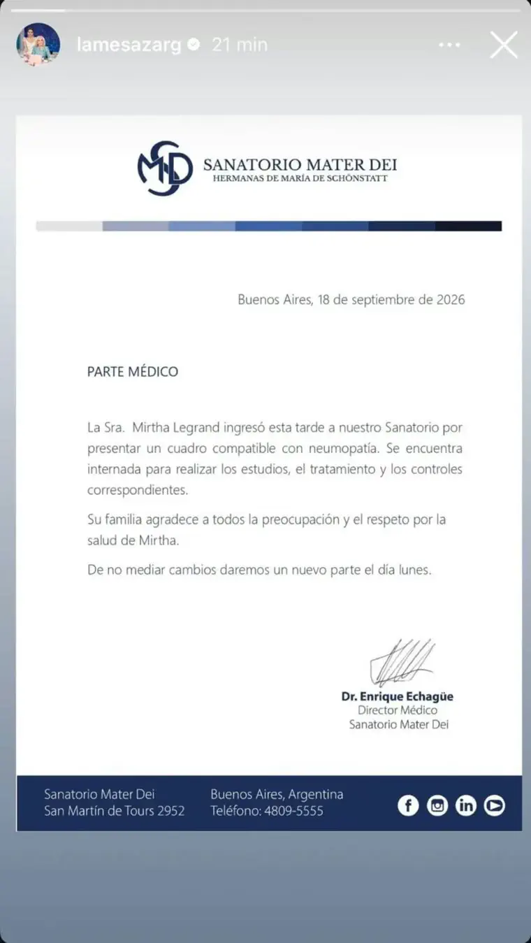 El parte médico del sanatorio precisó que la conductora ingresó con un cuadro compatible con neumopatía.