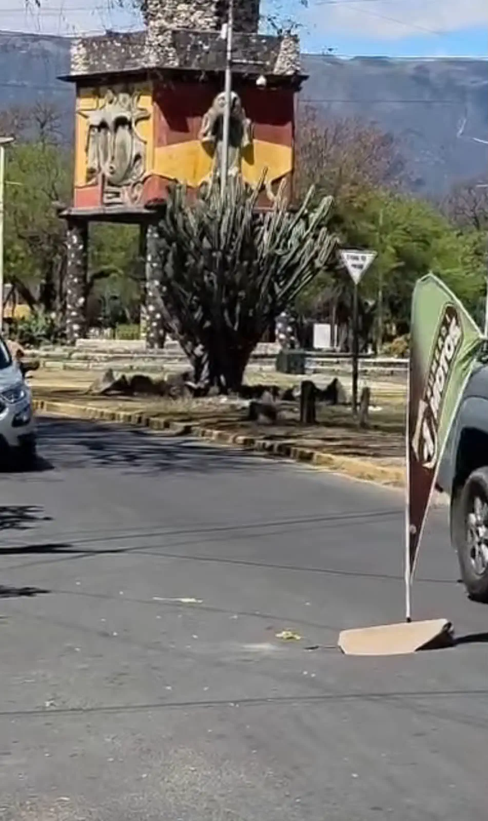 El ingenio vecinal expone la desidia en Valle Viejo: clavaron un cartel comercial en un bache a metros de Plaza El Aborigen