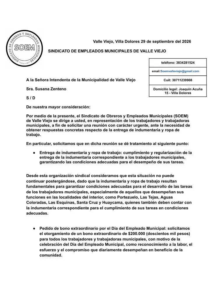 El SOEM Valle Viejo solicitó una reunión urgente