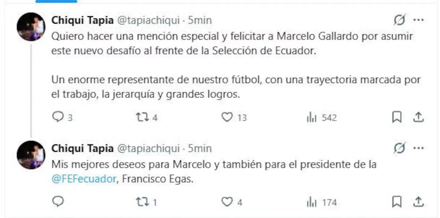TUIT DEL CHIQUI TAPIA FELICITANDO A MARCELO GALLARDO