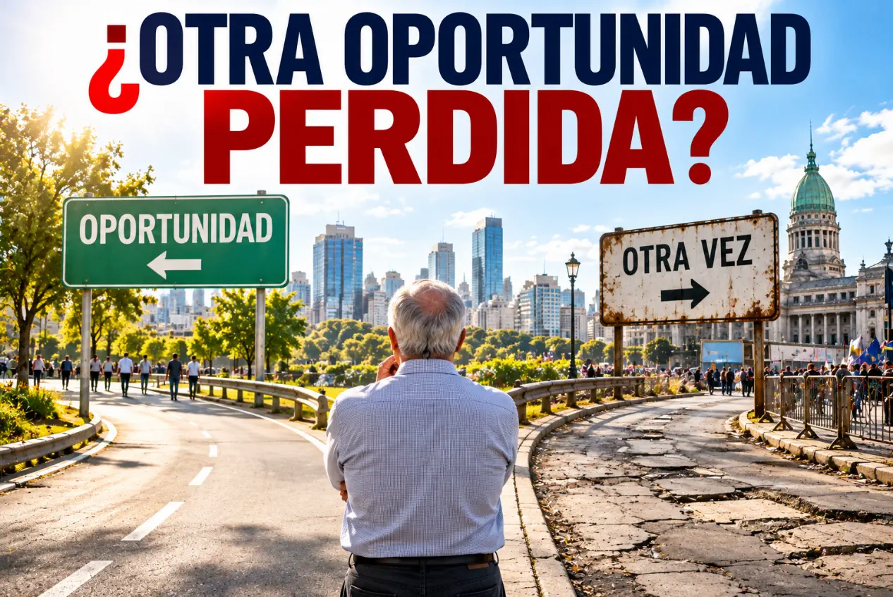 hombre en la disyuntiva ente dos caminos, el arruinado que dice otra vez, o el moderno que dice oportunidad