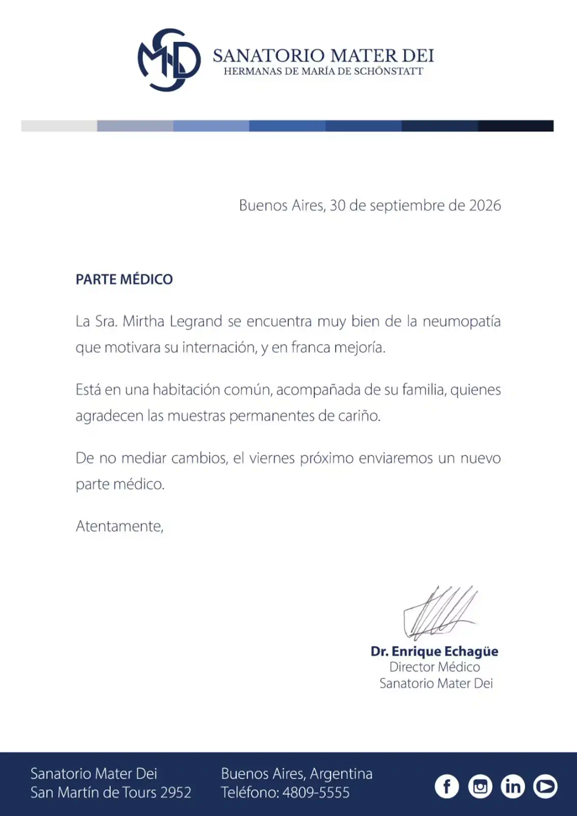 La salud de Mirtha Legrand - sigue internada en el Mater Dei, donde reingresó por un cuadro de neumopatía. - Parte Médico