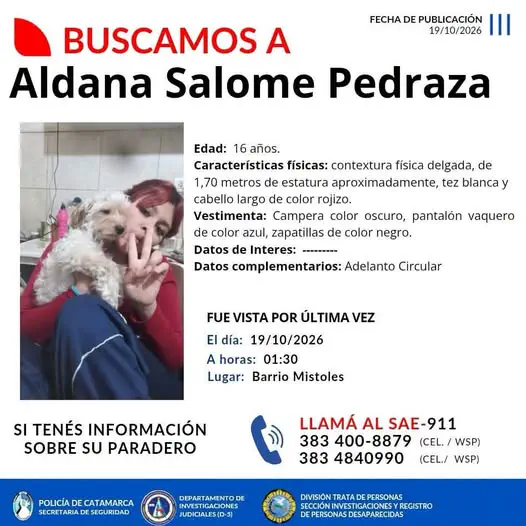 Buscan intensamente a Aldana Salomé Pedraza, una adolescente de 16 años