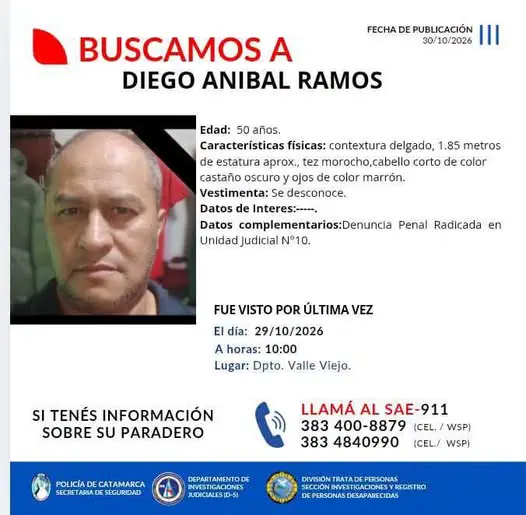 Buscan intensamente a Diego Aníbal Ramos, visto por última vez el jueves