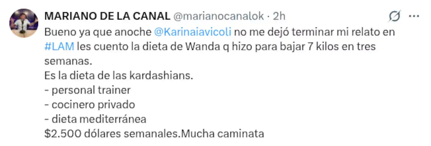 Cómo es la dieta de Wanda Nara (Foto: Captura X / marianocanalok)