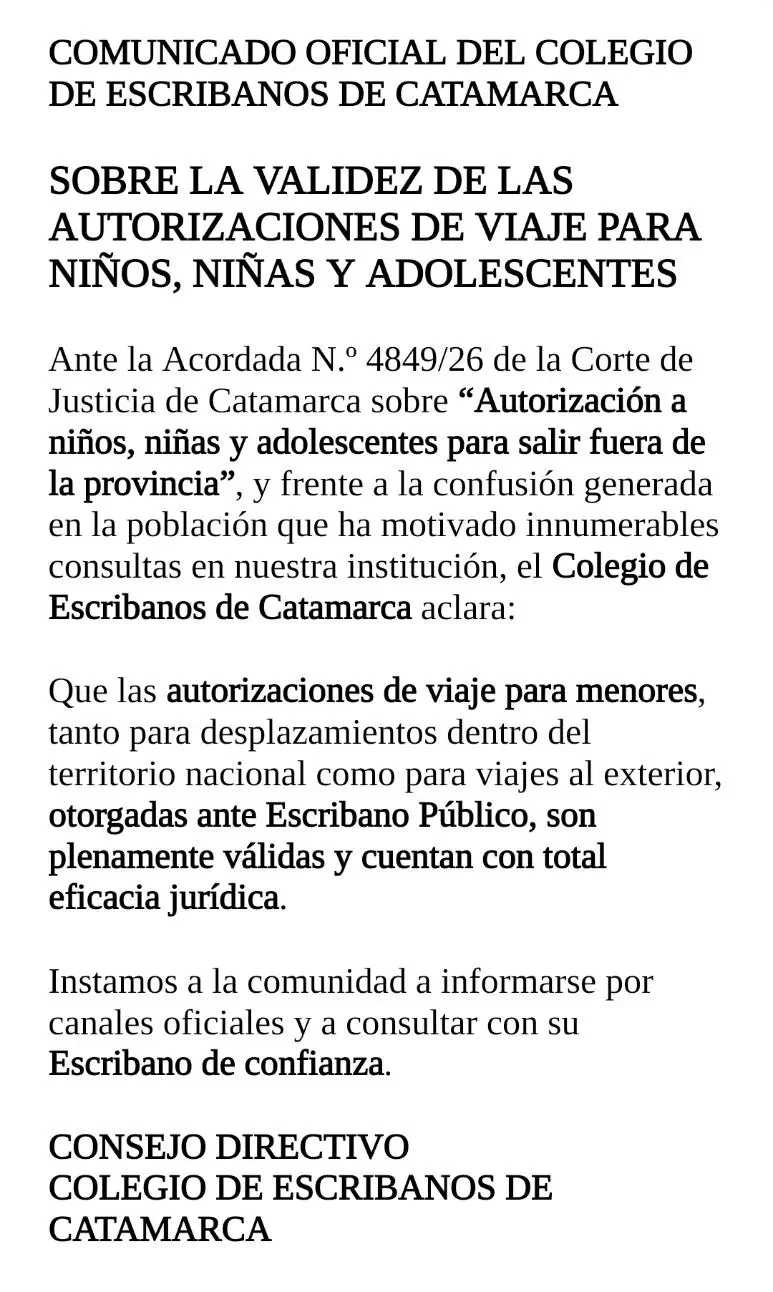 cominicado del Colegio de Escribanos de Catamarca