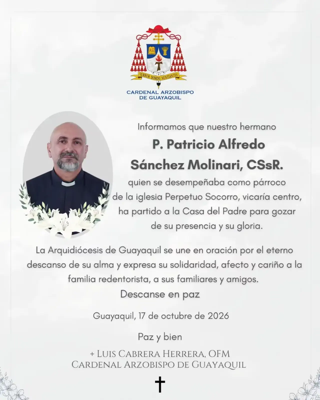 El comunicado de la Arquidiócesis de Guayaquil por la muerte del párroco.