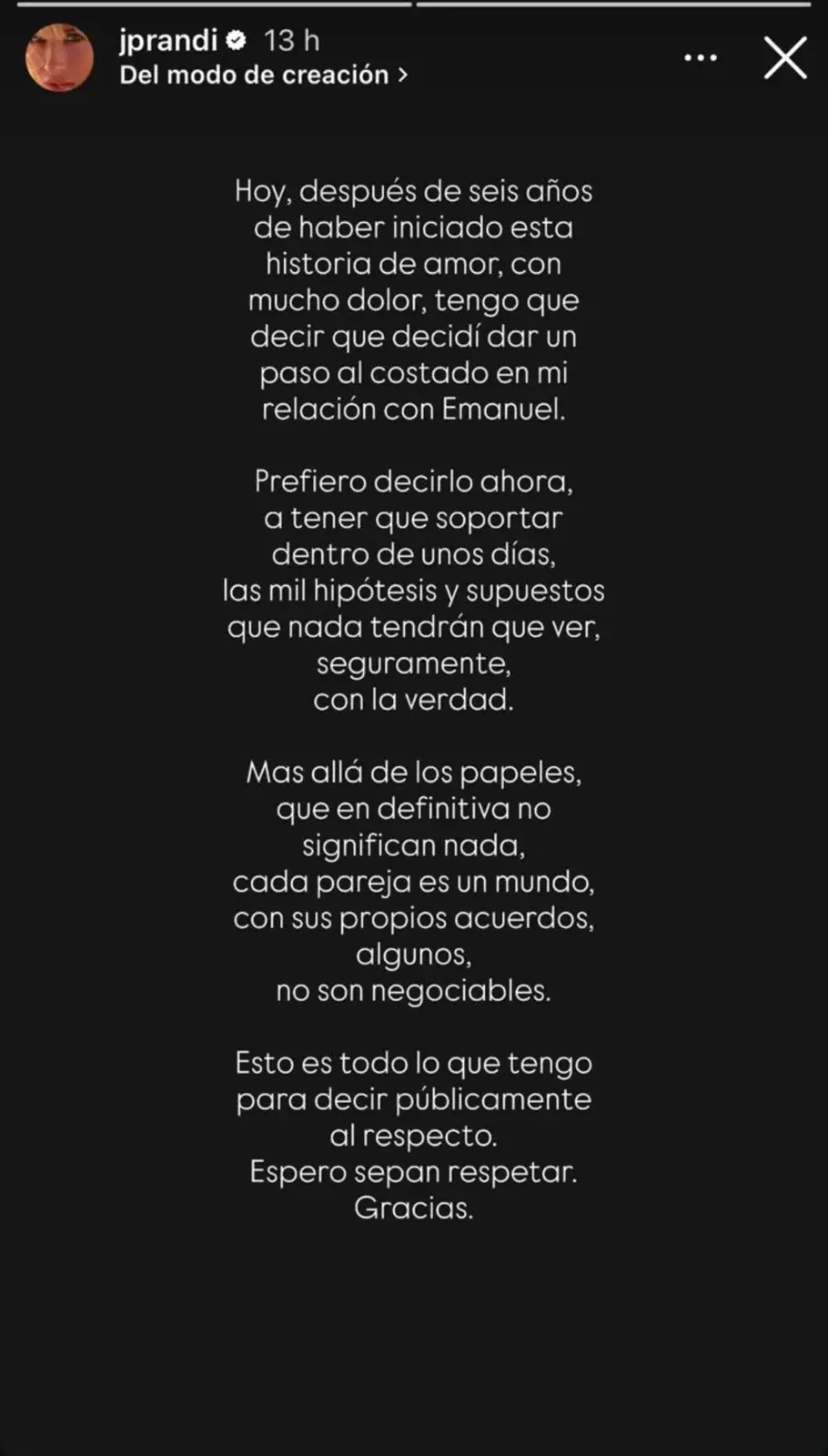 El comunicado que publicó la actriz el pasado 12 de octubre. — Captura de pantalla Instagram Jprandi.
