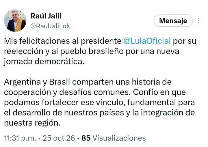 El gobernador Raúl Jalil felicitó a Lula da Silva por su reelección en Brasil