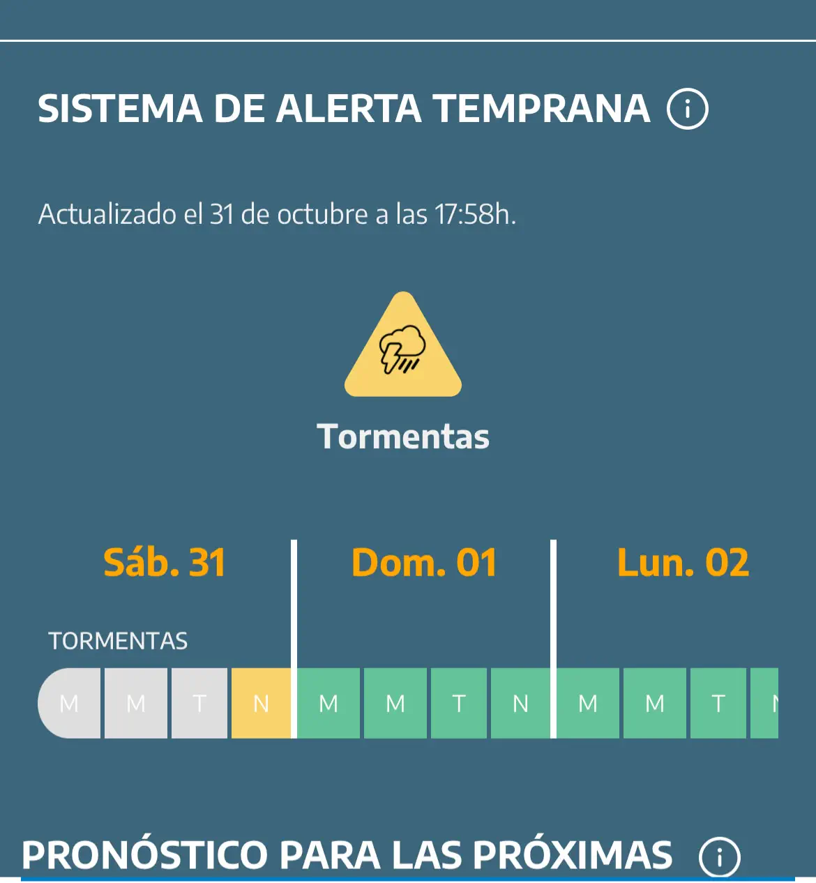 El Servicio Meteorológico Nacional actualizó su sistema de alerta temprana e indicó la probabilidad de tormentas en distintos puntos de la provincia para el cierre de la jornada de este sábado.