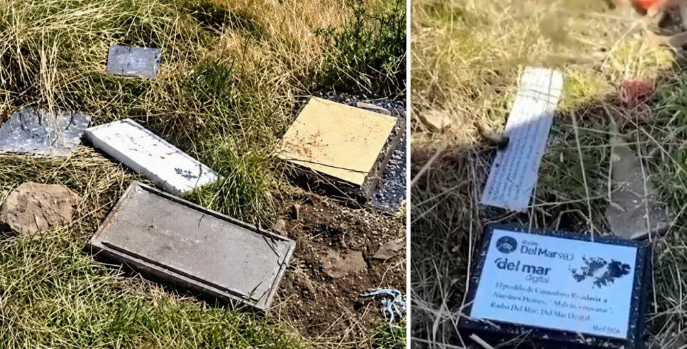 Hallan placas y ofrendas a héroes de Malvinas vandalizadas y arrojadas fuera del Cementerio de Darwin