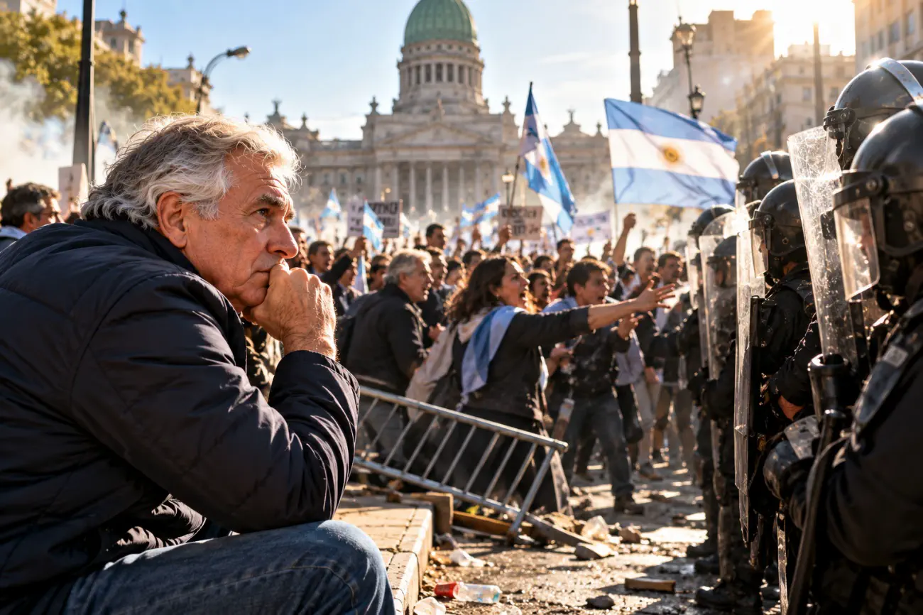 personas marchando fuera del congreso de la nación argentina mientras un hombre está sentado reflexionando