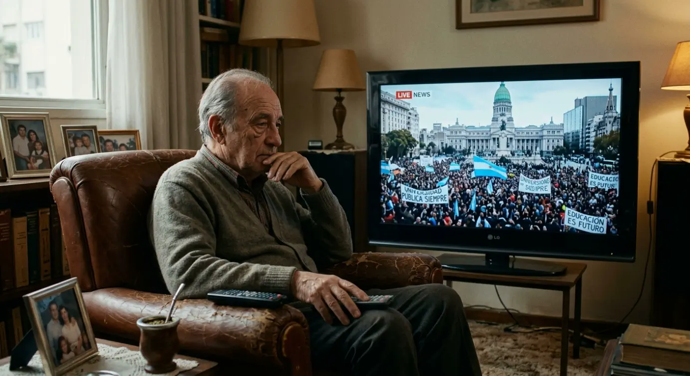 Hombre anciano sentado en un sillón con la TV encendida. Imagen generada con IA