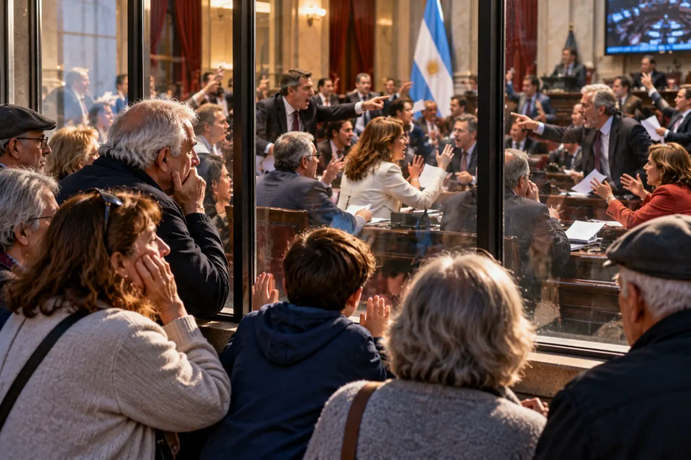 legisladores peleándose en el congreso mientras la gente mira a través de un vidrio