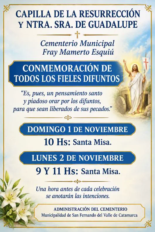 Misas por el Día de los Fieles Difuntos en Catamarca: horarios en el Cementerio Municipal y el Templo Franciscano