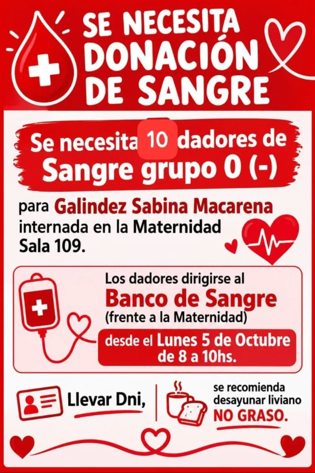 Pedido solidario urgente: solicitan 10 dadores de sangre 0 (-) para una paciente internada en la Maternidad