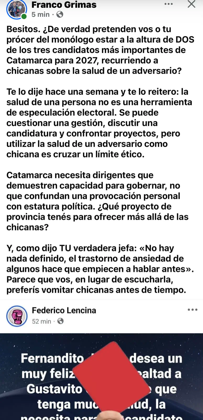 Tensión en la oposición de Catamarca: cruce ético e interna libertaria tras una chicana sobre la salud de un dirigente. El cruce de Franco Grimas al Diputado Federico Lencina por chicanear con la salud