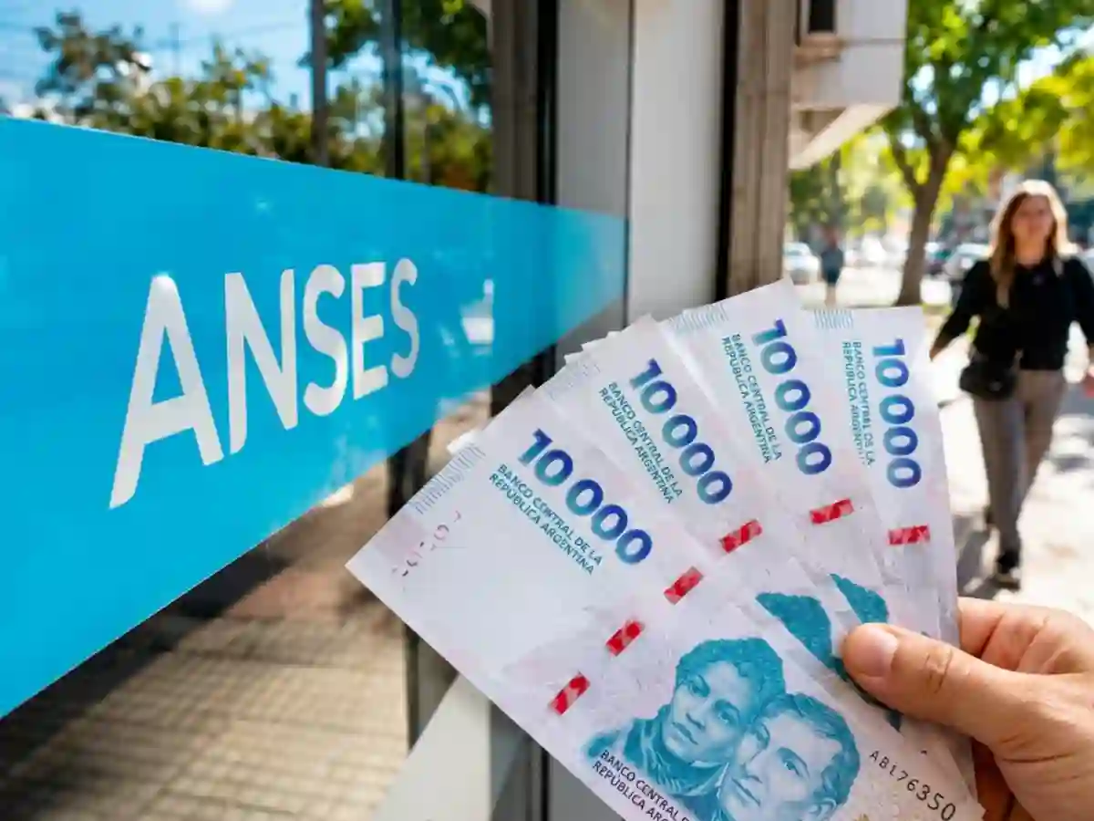 Vidriera que dice ANSES jubto a una mano con billetes de diez mil pesos argentinos